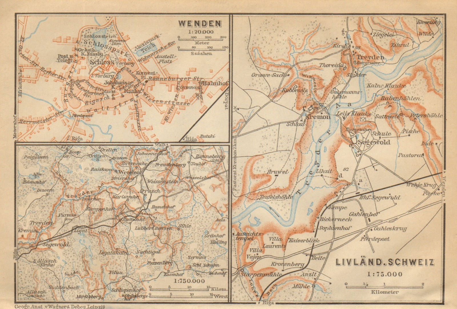 Gauja National Park, Latvia. Cesis/Wenden. Sigulda. BAEDEKER 1912 old map